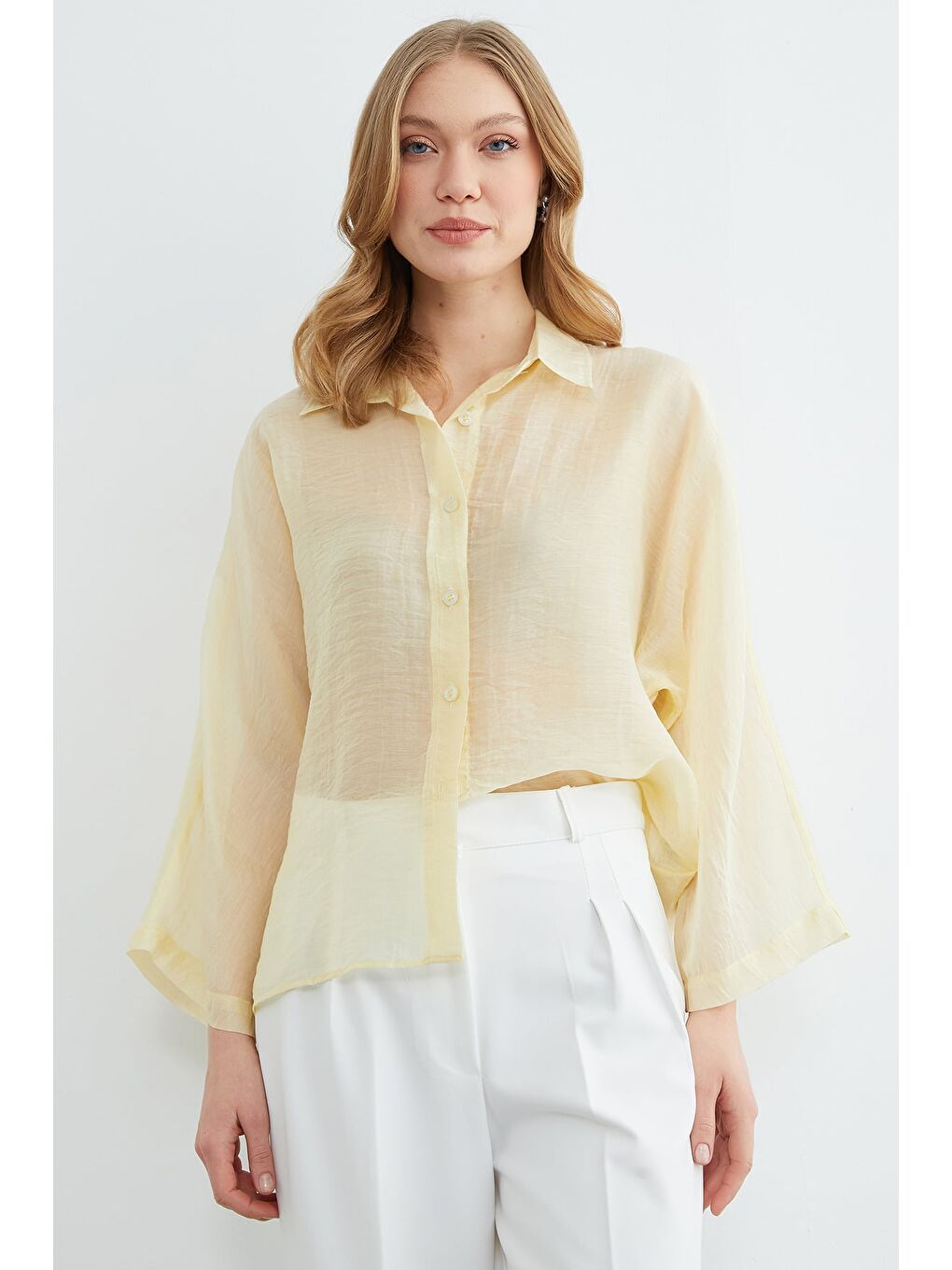 Sarı Jakarlı Kapri Kol Transparan Gömlek-1