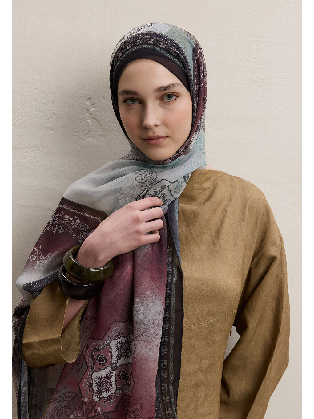 Kahverengi Amelıa Desen İpek Krep Şal Ağaç Kabuğu-3