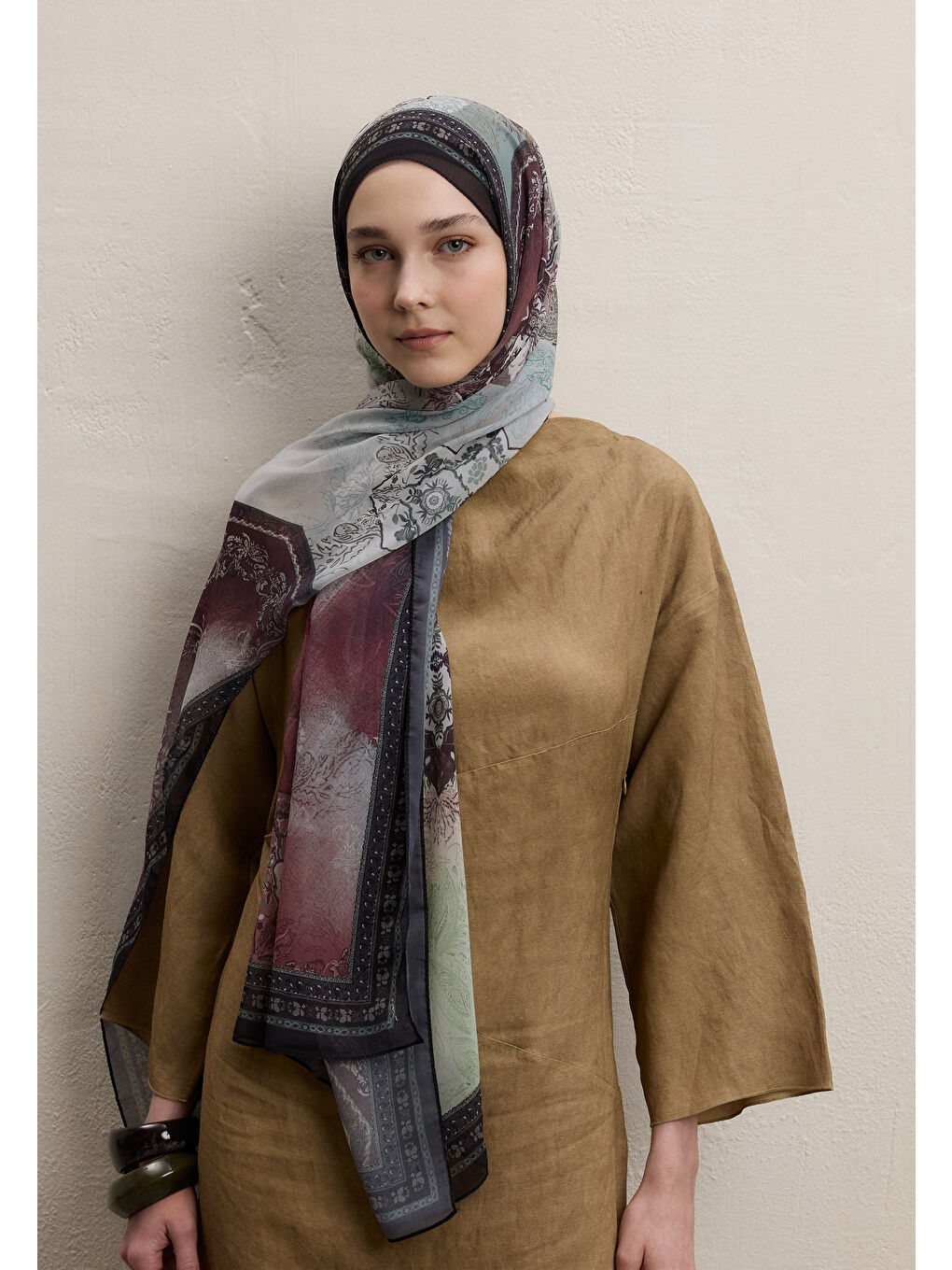Kahverengi Amelıa Desen İpek Krep Şal Ağaç Kabuğu-4