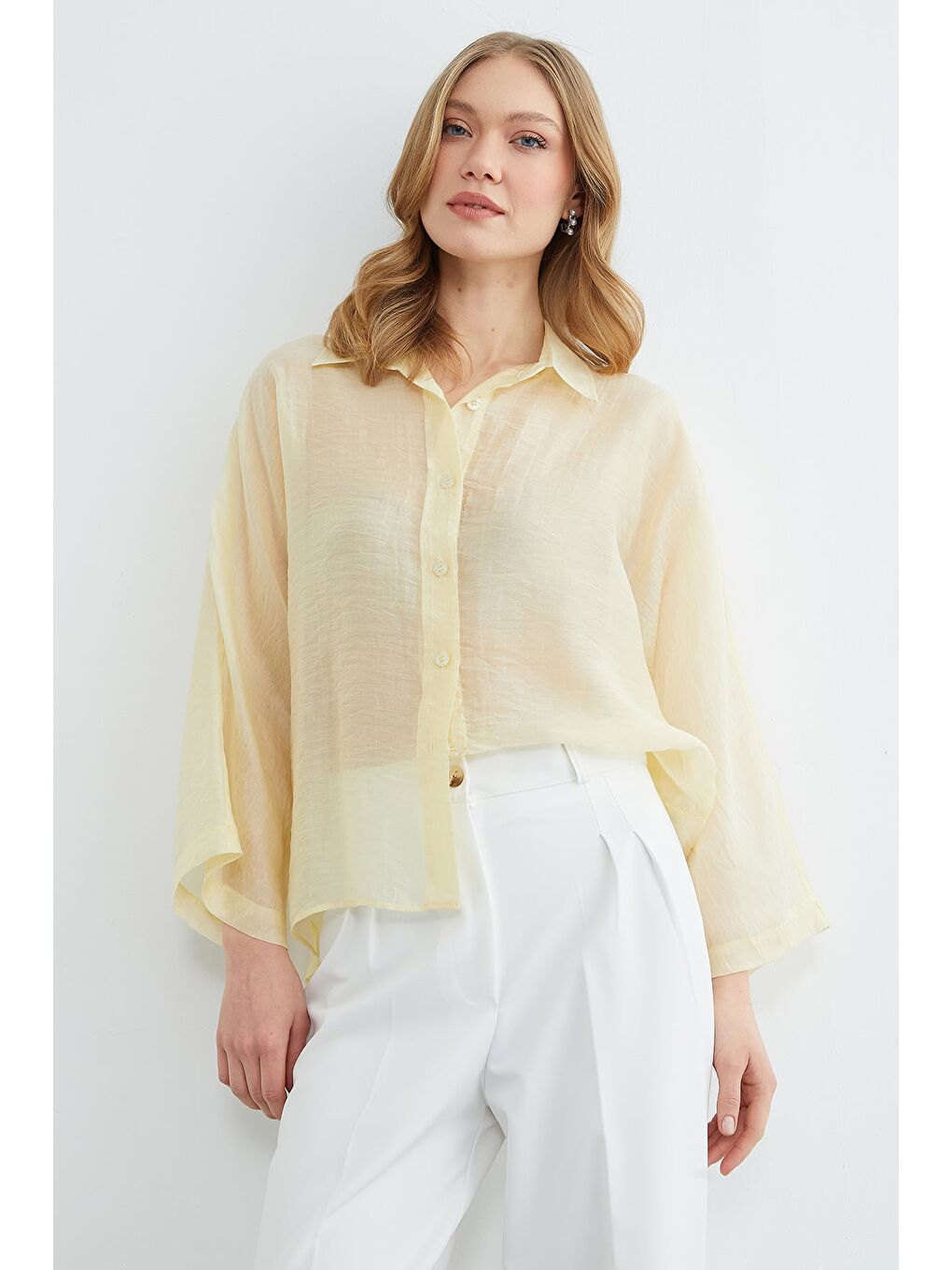 Sarı Jakarlı Kapri Kol Transparan Gömlek-3