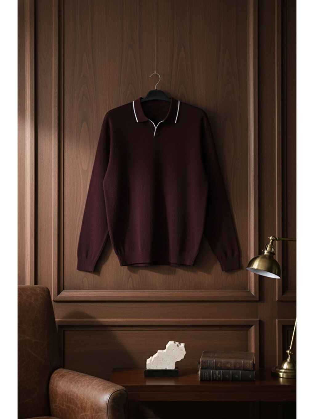 Mürdüm Erkek Polo Yaka Kendinden Çizgi Desenli Triko Kazak-1