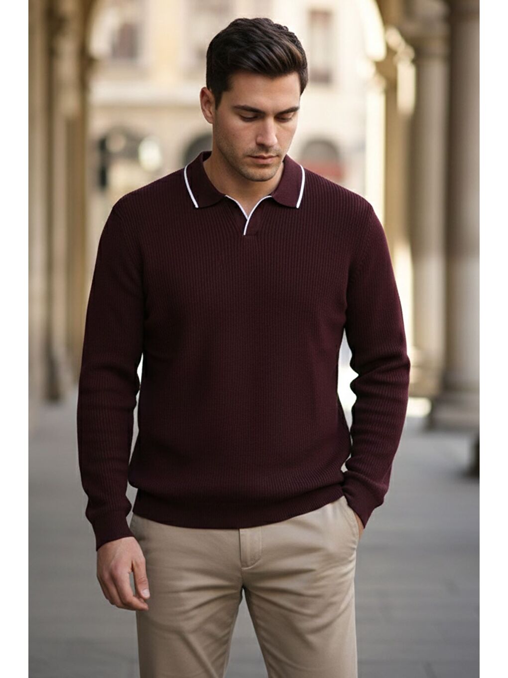 Mürdüm Erkek Polo Yaka Kendinden Çizgi Desenli Triko Kazak