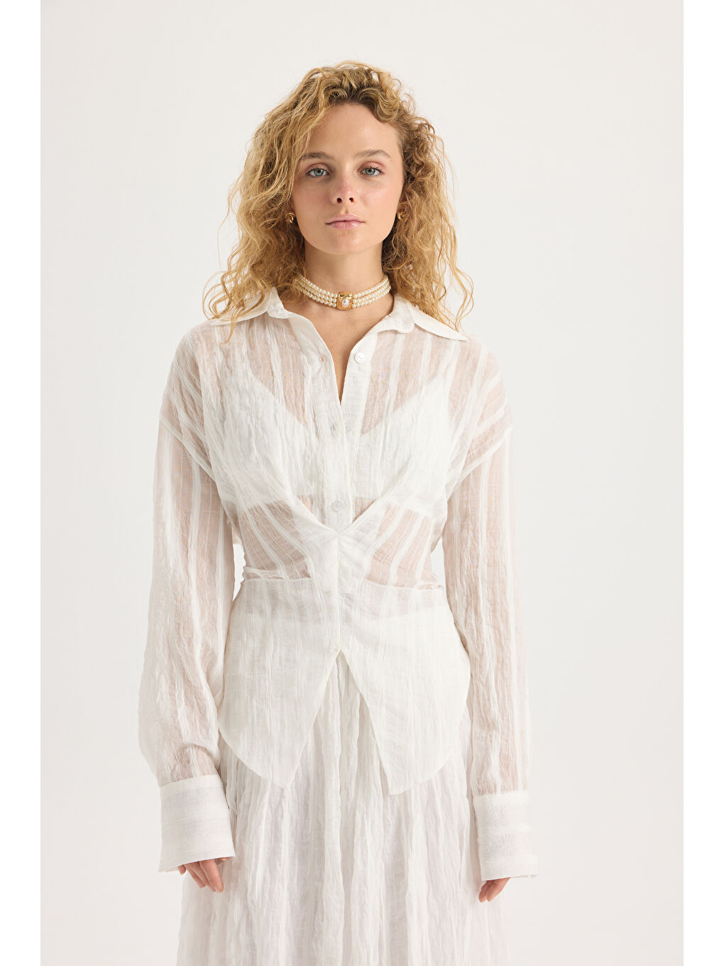 Vesper Üçgen Kesim Bağlamalı Ekru Gömlek-2