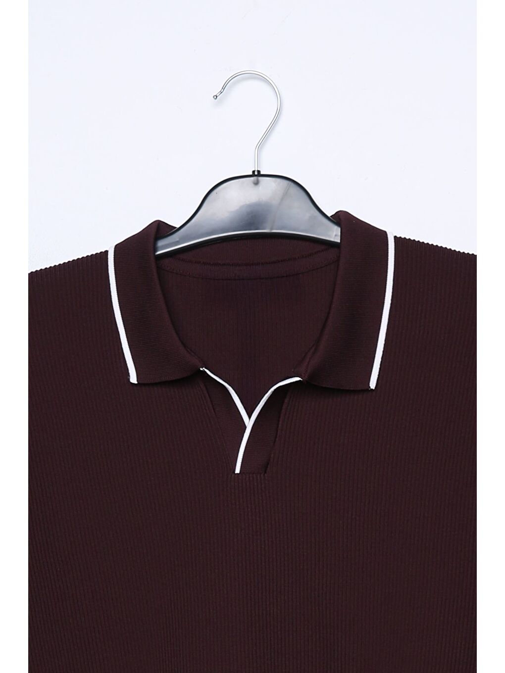 Mürdüm Erkek Polo Yaka Kendinden Çizgi Desenli Triko Kazak-3