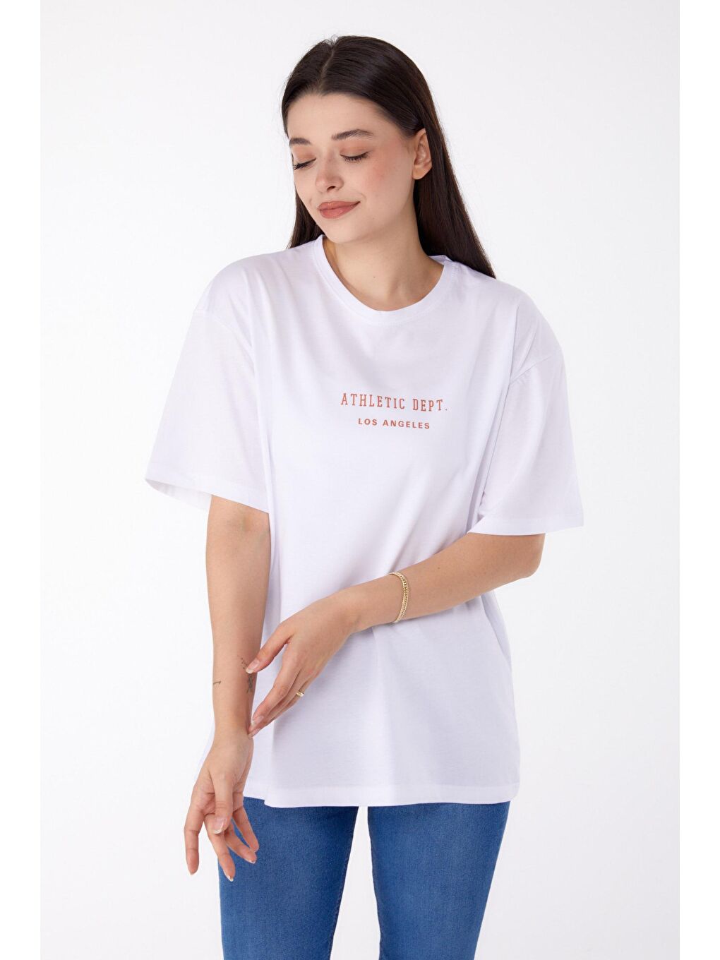 TOFİSA Düz Bisiklet Yaka Kadın Beyaz Baskılı T-shirt - 25693 - 1