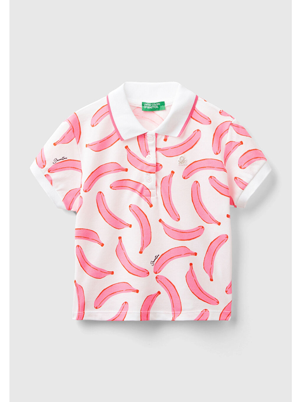 United Colors Of Benetton Pembe-Beyaz Kız Çocuk Pembe-Beyaz Tamamı Desenli Parlak Logo İşlemeli Polo Yaka T-Shirt