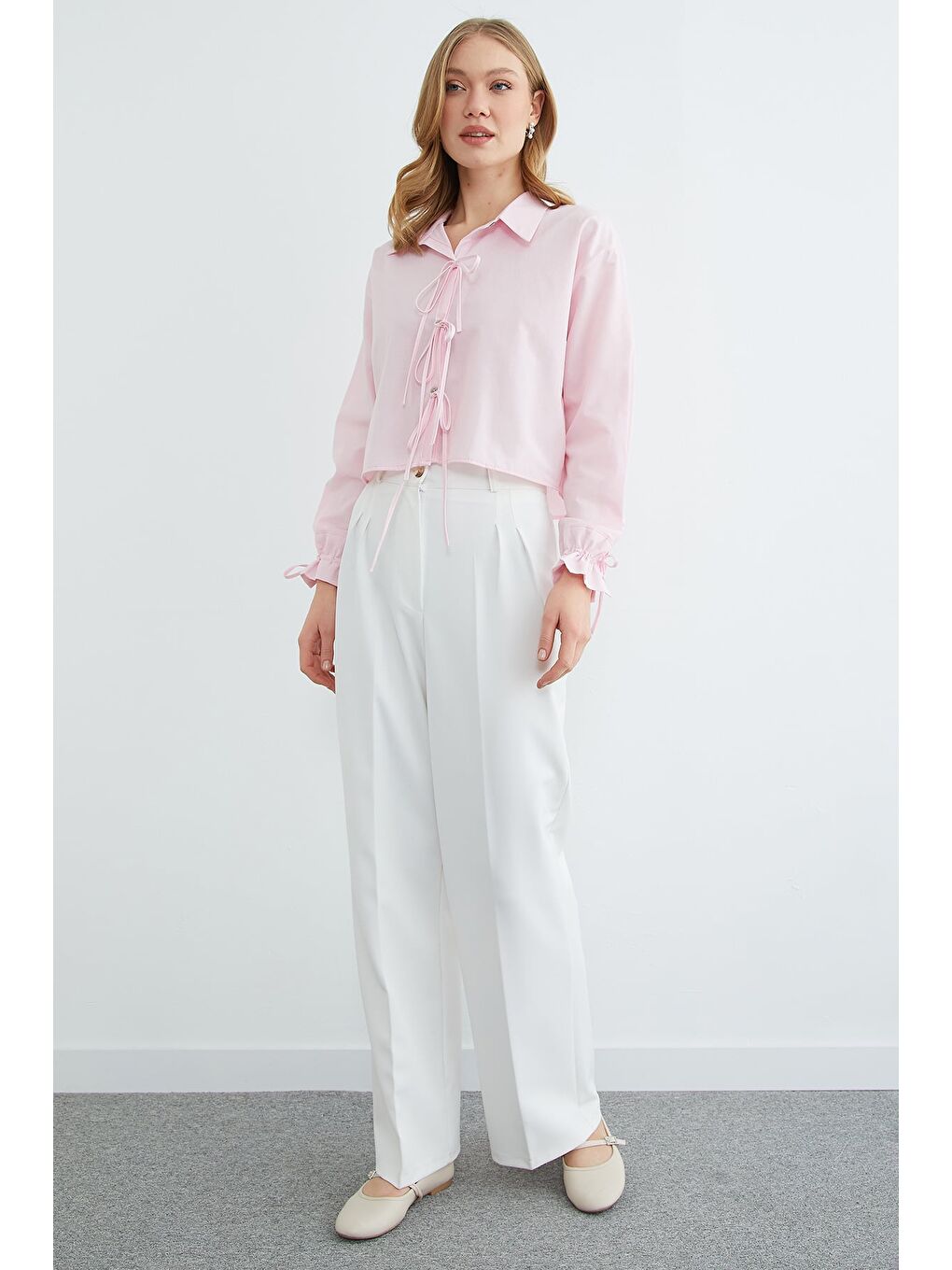 Pembe Önü Bağlamalı Düğmeli Crop Gömlek-4