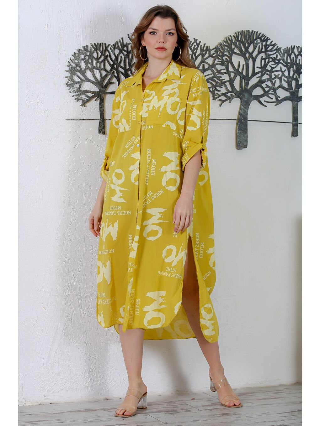 Yeşil İtalyan Limoni Gömlek Yaka Düğmeli Uzun Kollu Çift Cepli Allover Baskılı Dokuma Elbise 130 65