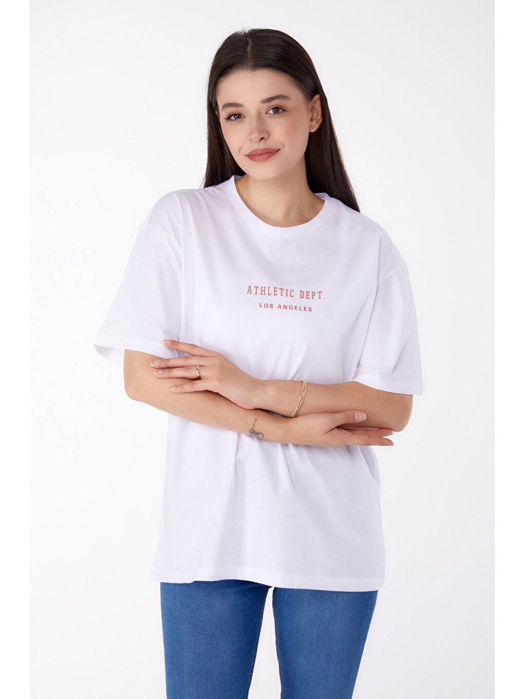 TOFİSA Düz Bisiklet Yaka Kadın Beyaz Baskılı T-shirt - 25693 - 2