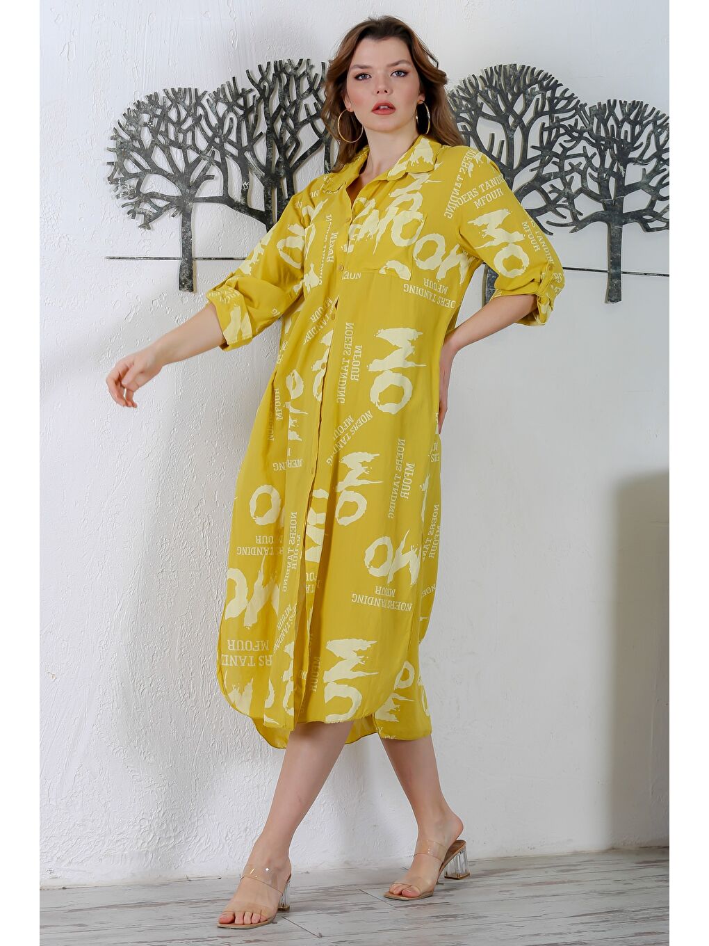 Yeşil İtalyan Limoni Gömlek Yaka Düğmeli Uzun Kollu Çift Cepli Allover Baskılı Dokuma Elbise 130 65-2