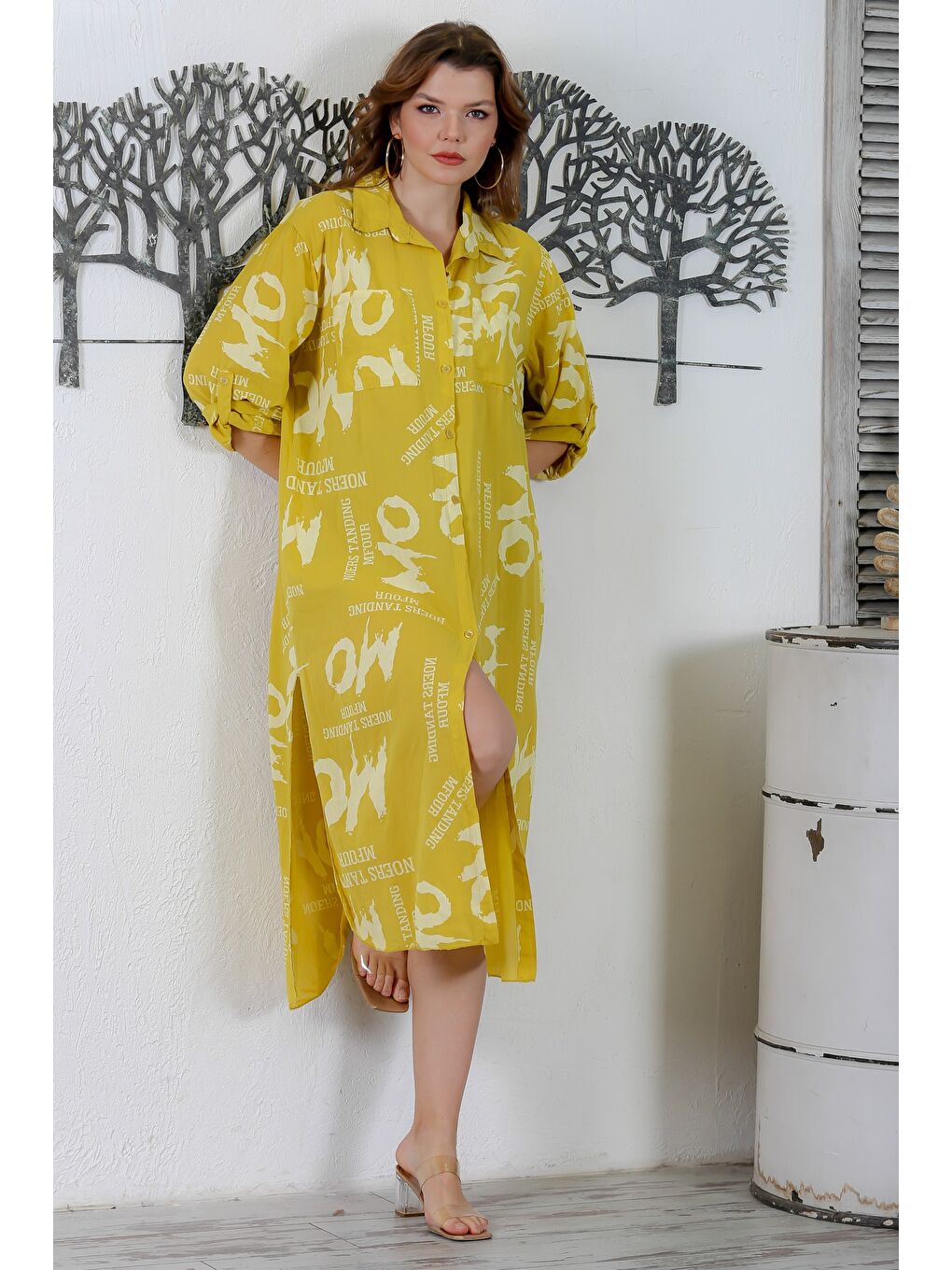 Yeşil İtalyan Limoni Gömlek Yaka Düğmeli Uzun Kollu Çift Cepli Allover Baskılı Dokuma Elbise 130 65-5