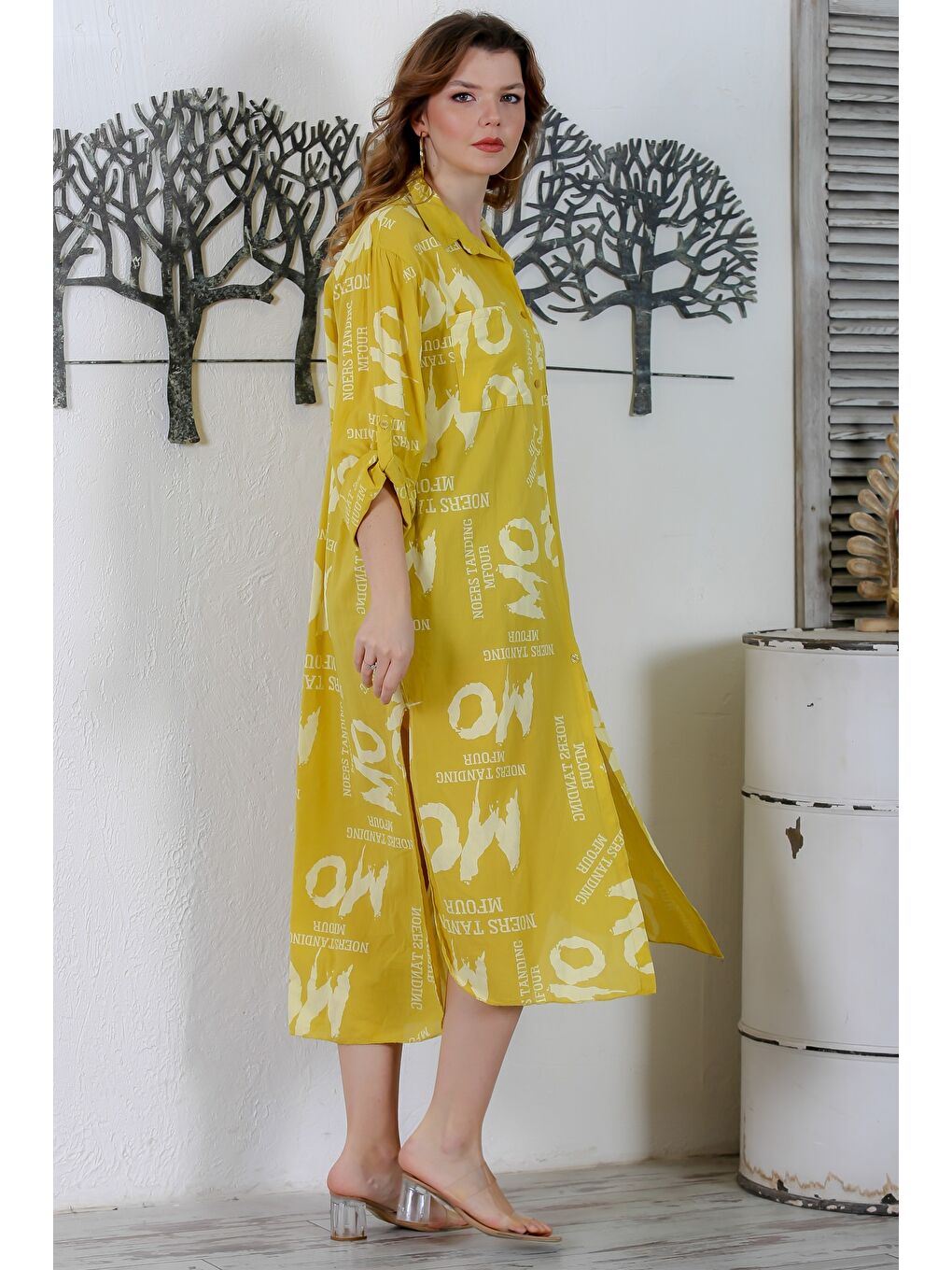 Yeşil İtalyan Limoni Gömlek Yaka Düğmeli Uzun Kollu Çift Cepli Allover Baskılı Dokuma Elbise 130 65-6