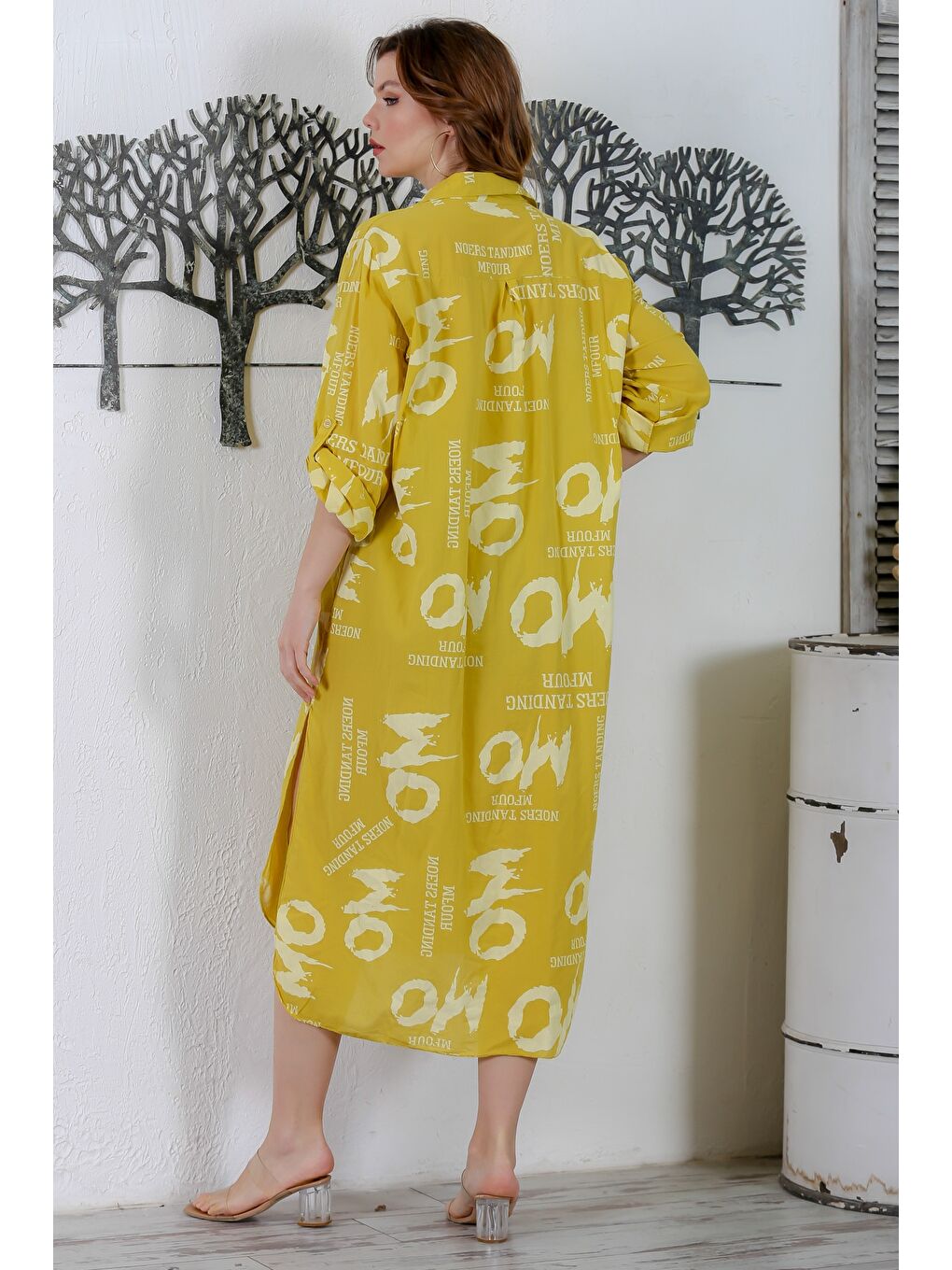 Yeşil İtalyan Limoni Gömlek Yaka Düğmeli Uzun Kollu Çift Cepli Allover Baskılı Dokuma Elbise 130 65-7