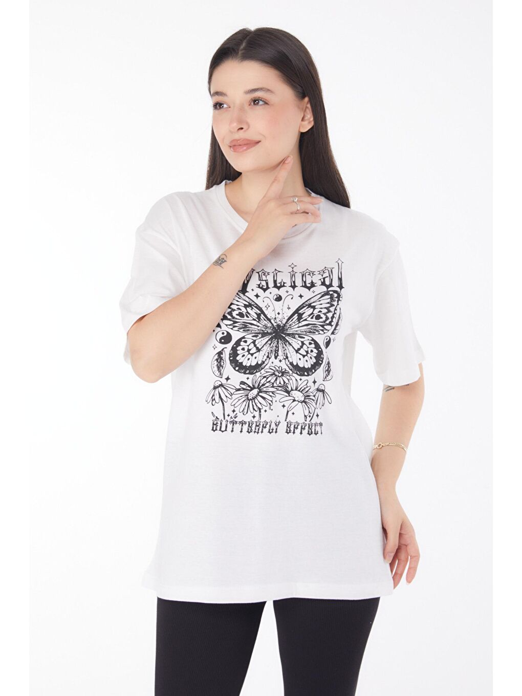 TOFİSA Beyaz Düz Bisiklet Yaka Kadın Beyaz Baskılı T-shirt - 25695 - 1