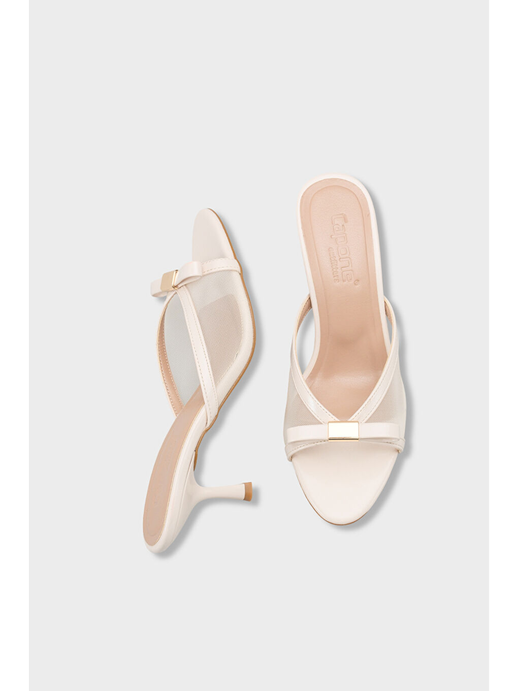 Ekru Robbi Sivri Burunlu Fileli Fiyonklu Orta Topuklu Kadın Terlik-4