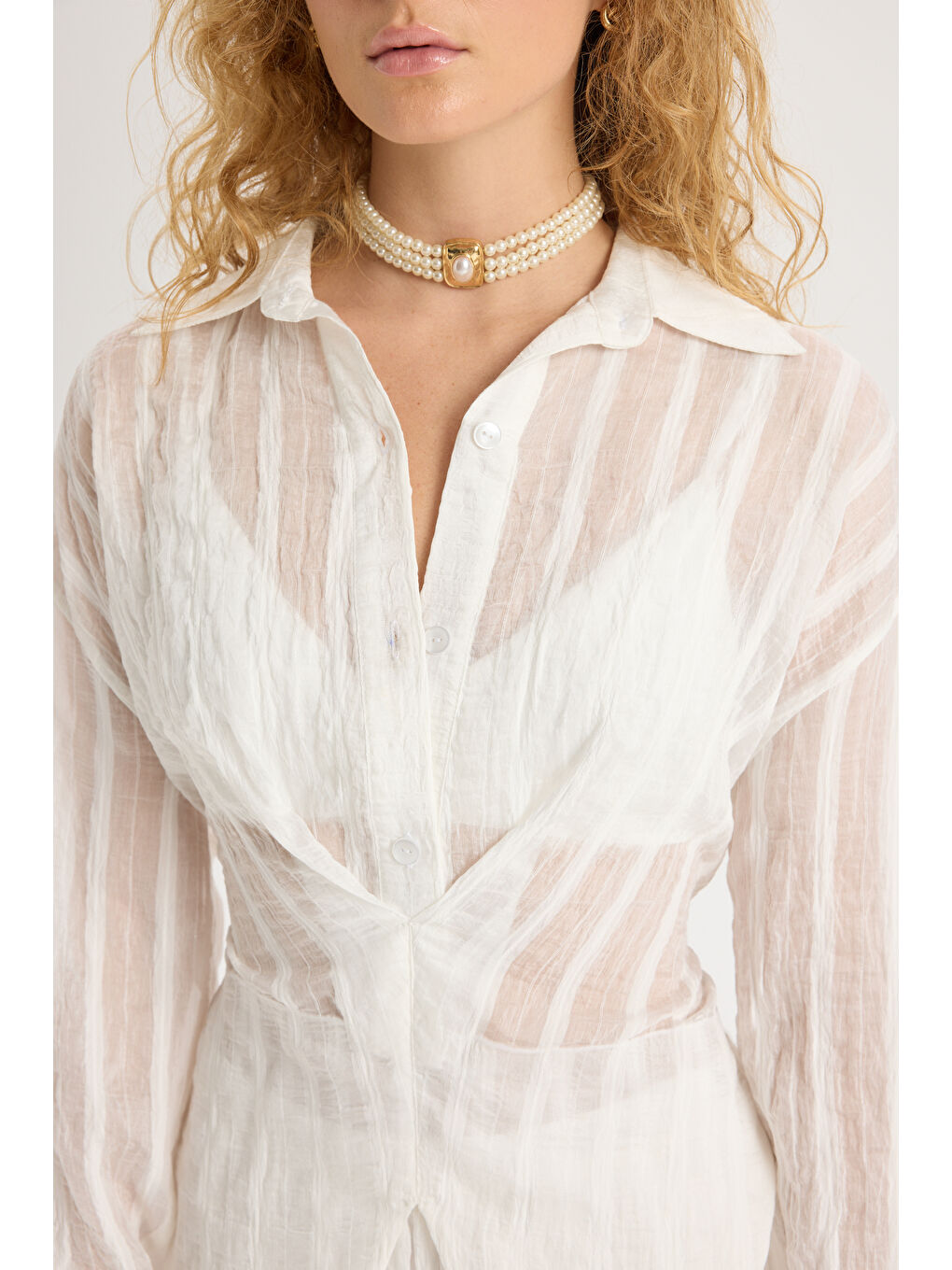 Vesper Üçgen Kesim Bağlamalı Ekru Gömlek-6