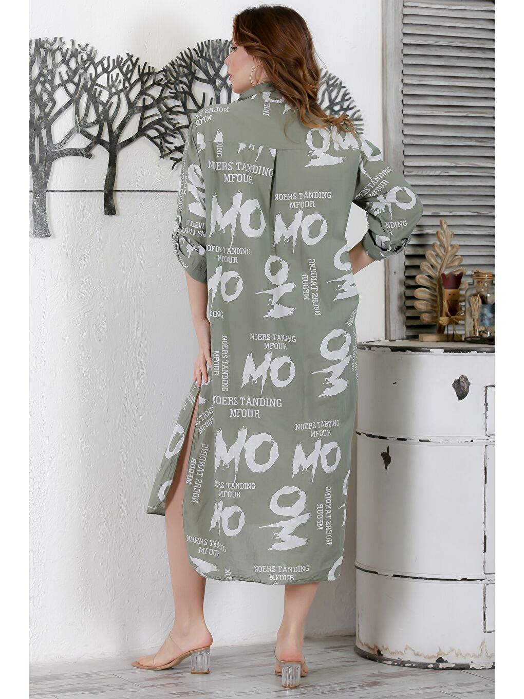 İtalyan Açık Mavi Gömlek Yaka Düğmeli Uzun Kollu Çift Cepli Allover Baskılı Dokuma Elbise 130 65-7