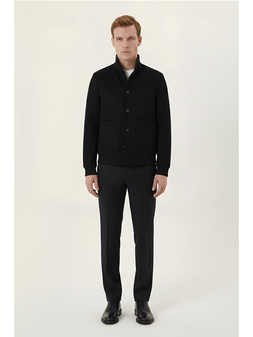 Siyah Regular Fit Yün Karışımlı Dik Yaka Kaşe Mont-1