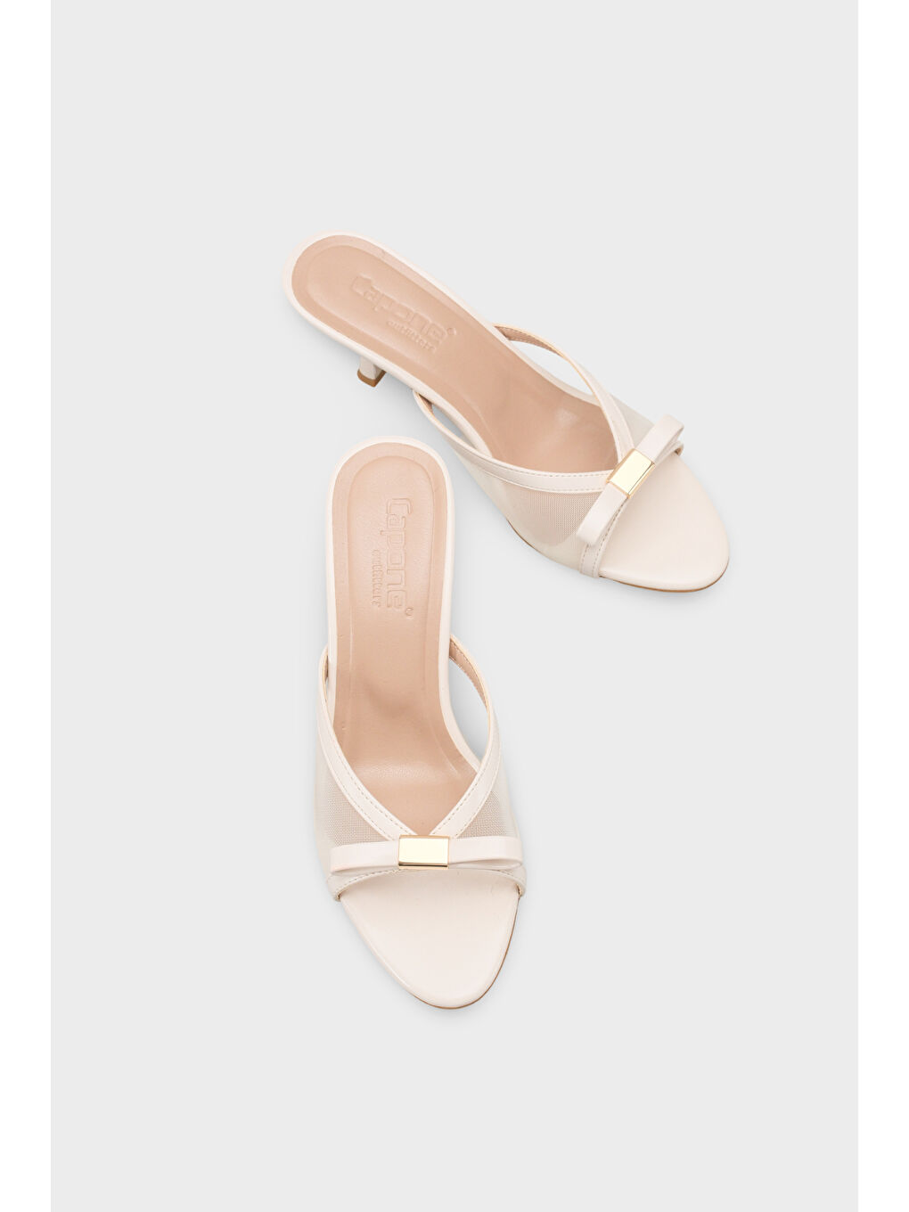 Ekru Robbi Sivri Burunlu Fileli Fiyonklu Orta Topuklu Kadın Terlik-5