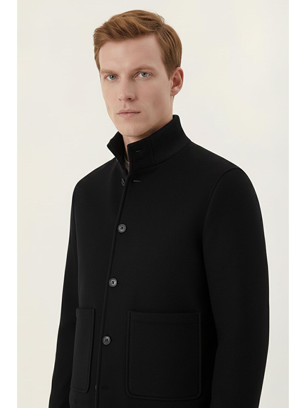 Siyah Regular Fit Yün Karışımlı Dik Yaka Kaşe Mont-2