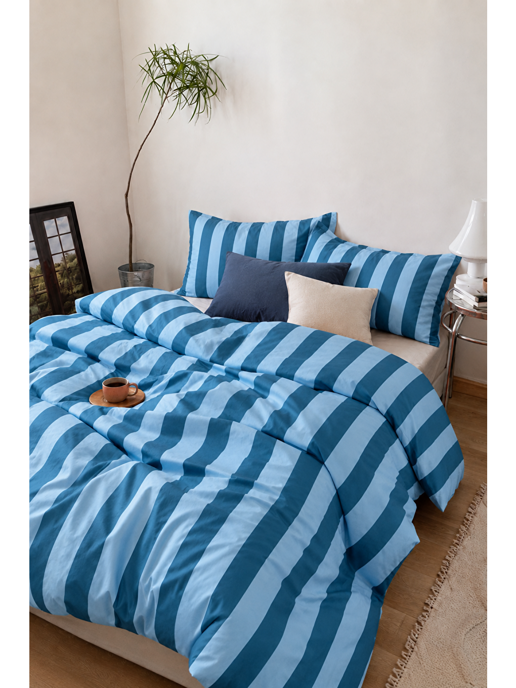 Canlı Mavi Çizgili Nevresim Seti Modern Canlı Renkli Desenli 200x220 Çift Kişilik Yorgan Kılıfı
