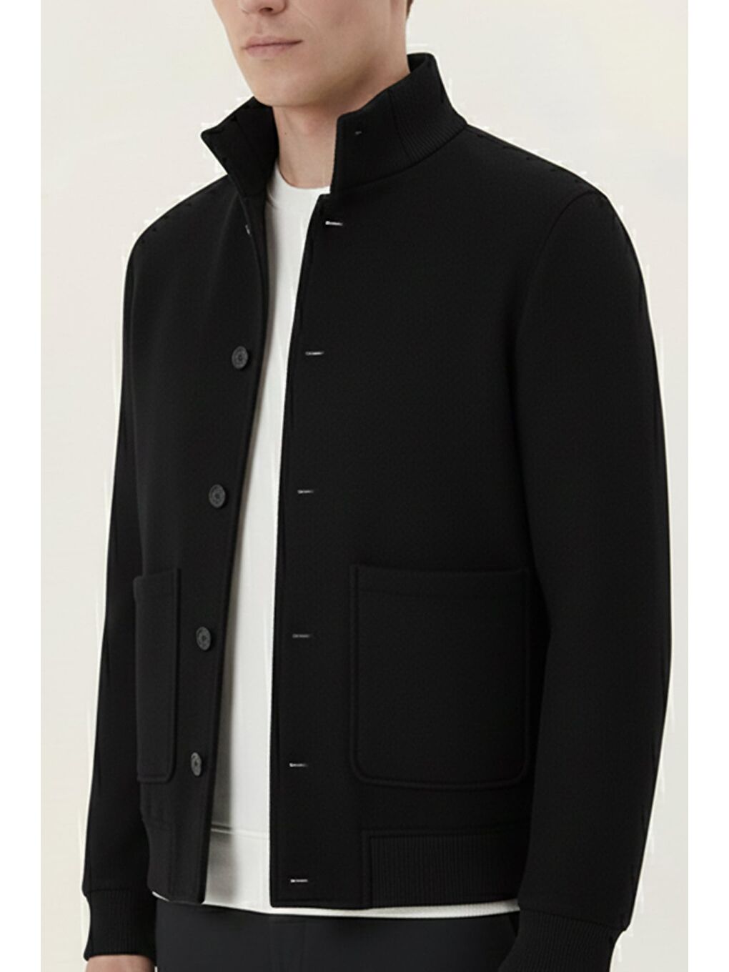 Siyah Regular Fit Yün Karışımlı Dik Yaka Kaşe Mont-4