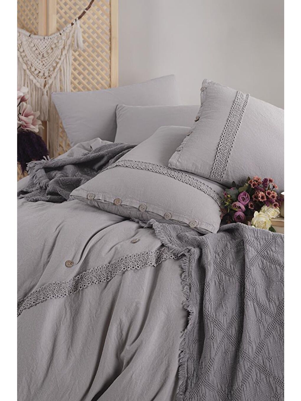 Grace 7 Parça %100 Pamuk Çift Kişilik Pikeli Nevresim Takımı Gri-1