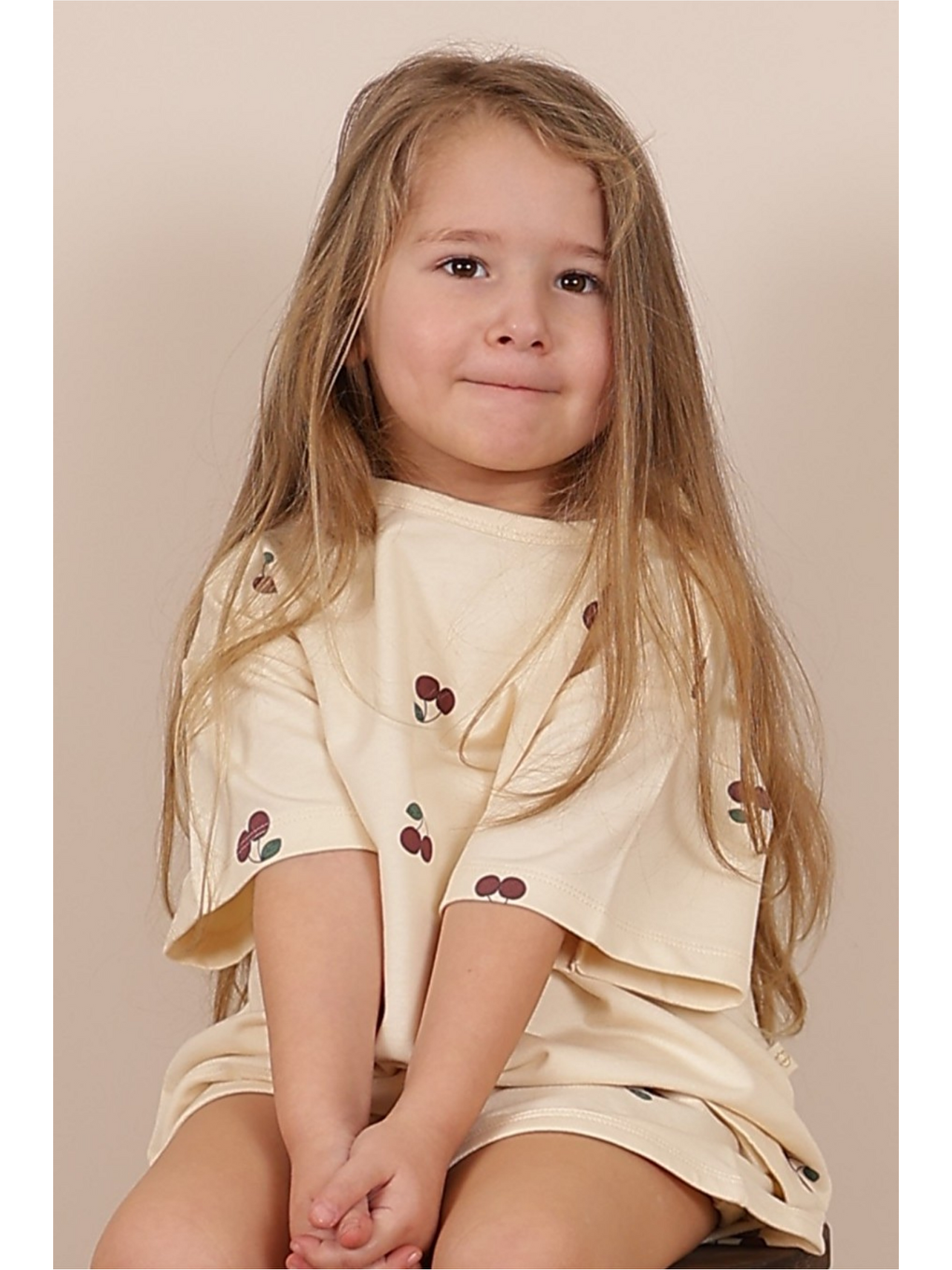 Ekru Kiraz Desenli Çocuk Oversize T-shirt-1