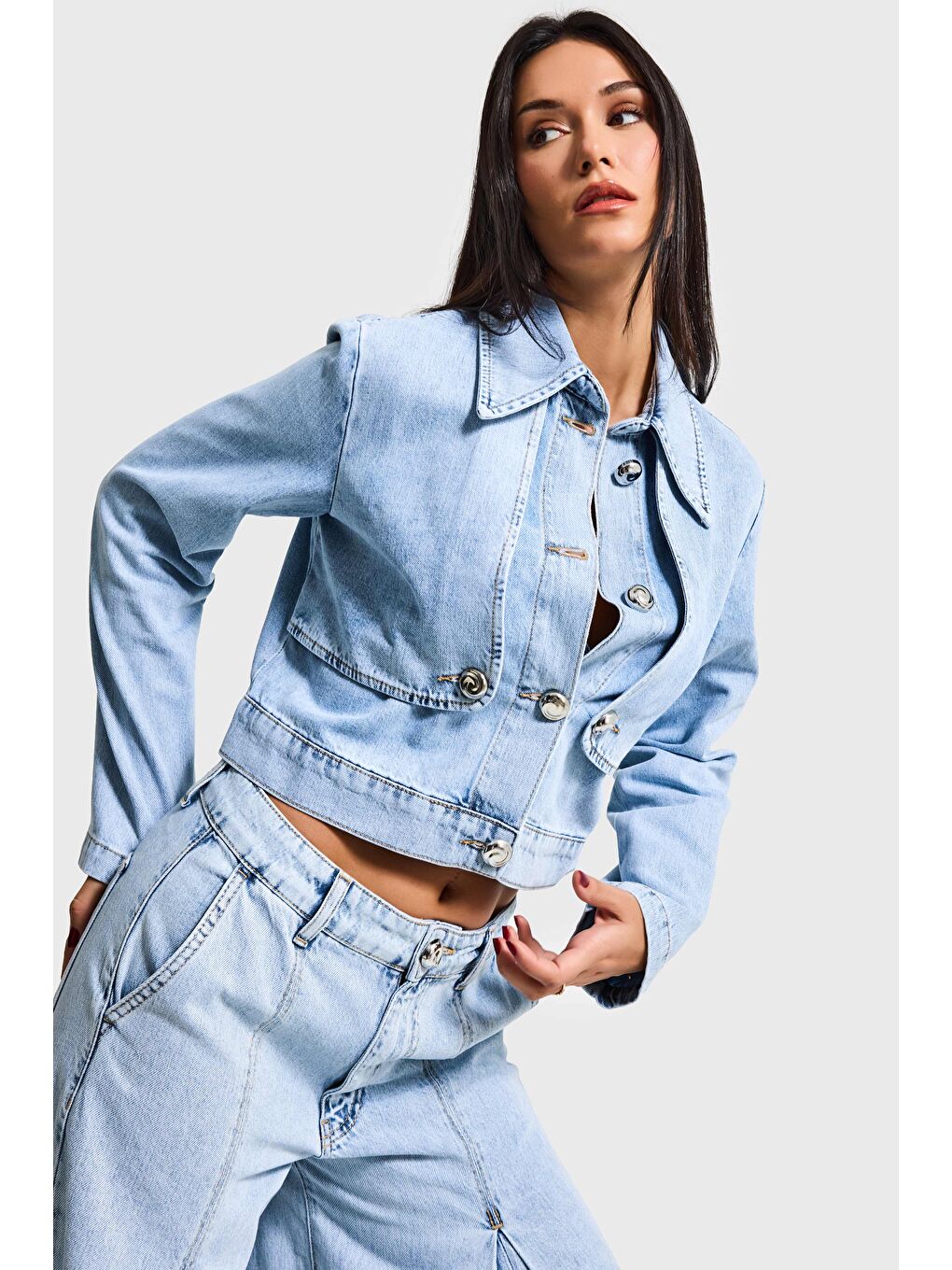 Mavi Kadın Jean Rengi 3s6-3 Crop Fit Düğmeli Özel Tasarım Denim Ceket-1