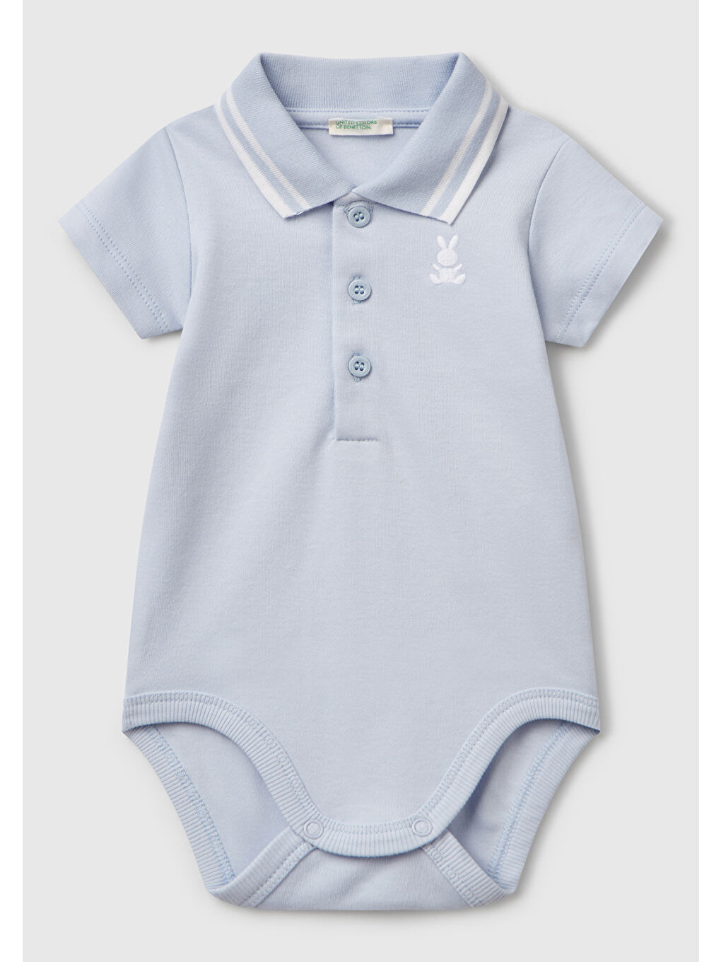Bebek Toz Mavi Tavşan İşlemeli Kısa Kollu Çizgili Polo Yaka Çıtçıtlı Body