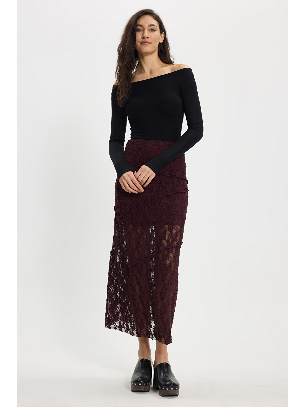 Kadın Slim Fit Dar Kesim Lastikli Yüksek Bel Dantelli Kahverengi Etek-3
