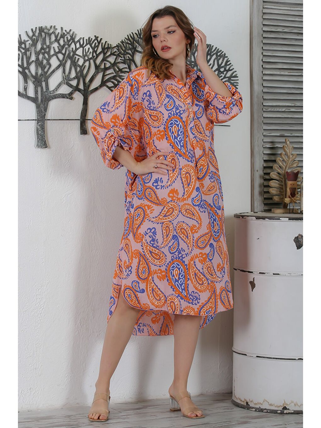 İtalyan Turuncu Gömlek Yaka Düğmeli Uzun Kollu Şal Desenli Gizli Cepli Dokuma Elbise 130 65-1