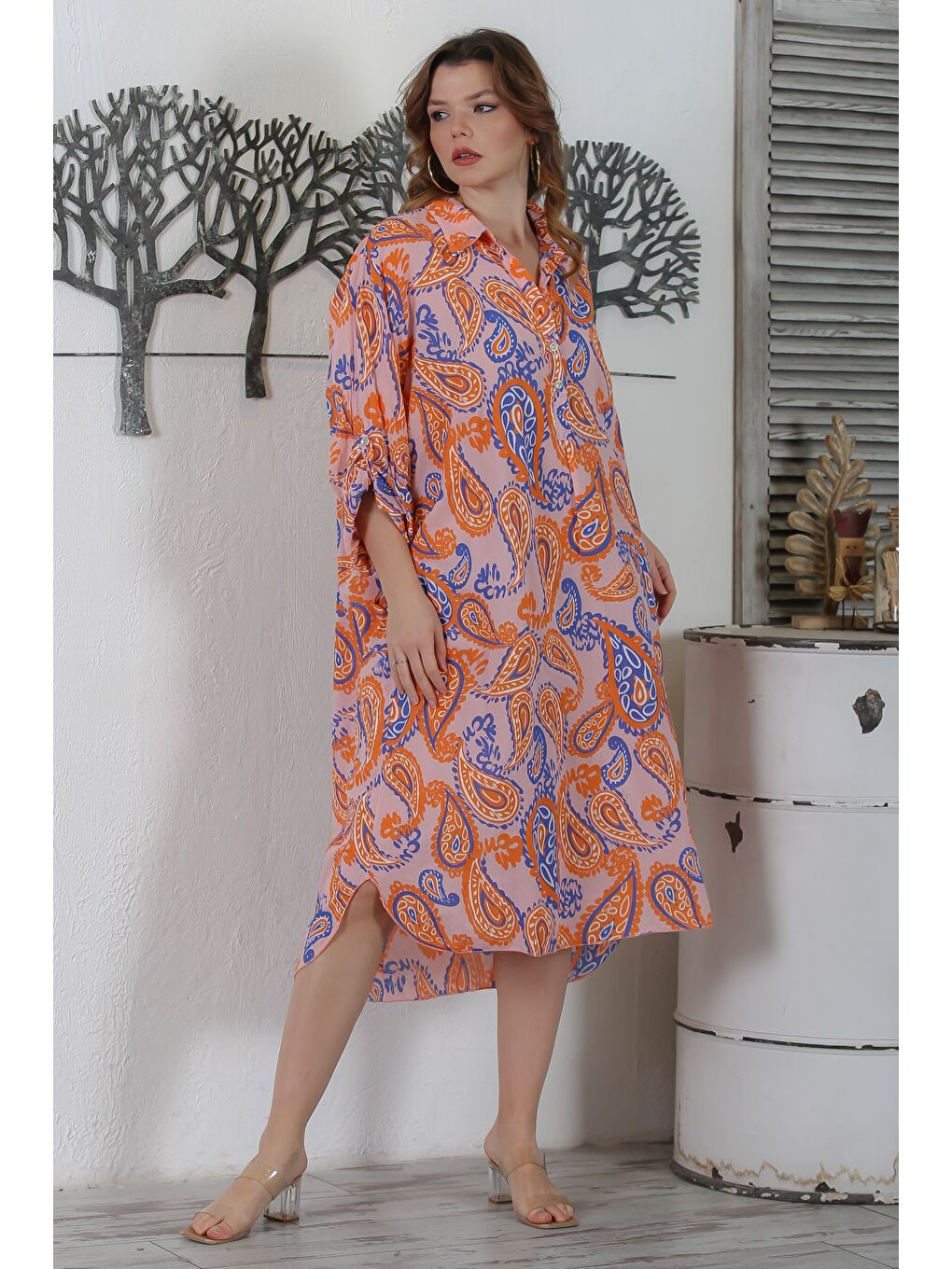 İtalyan Turuncu Gömlek Yaka Düğmeli Uzun Kollu Şal Desenli Gizli Cepli Dokuma Elbise 130 65-2