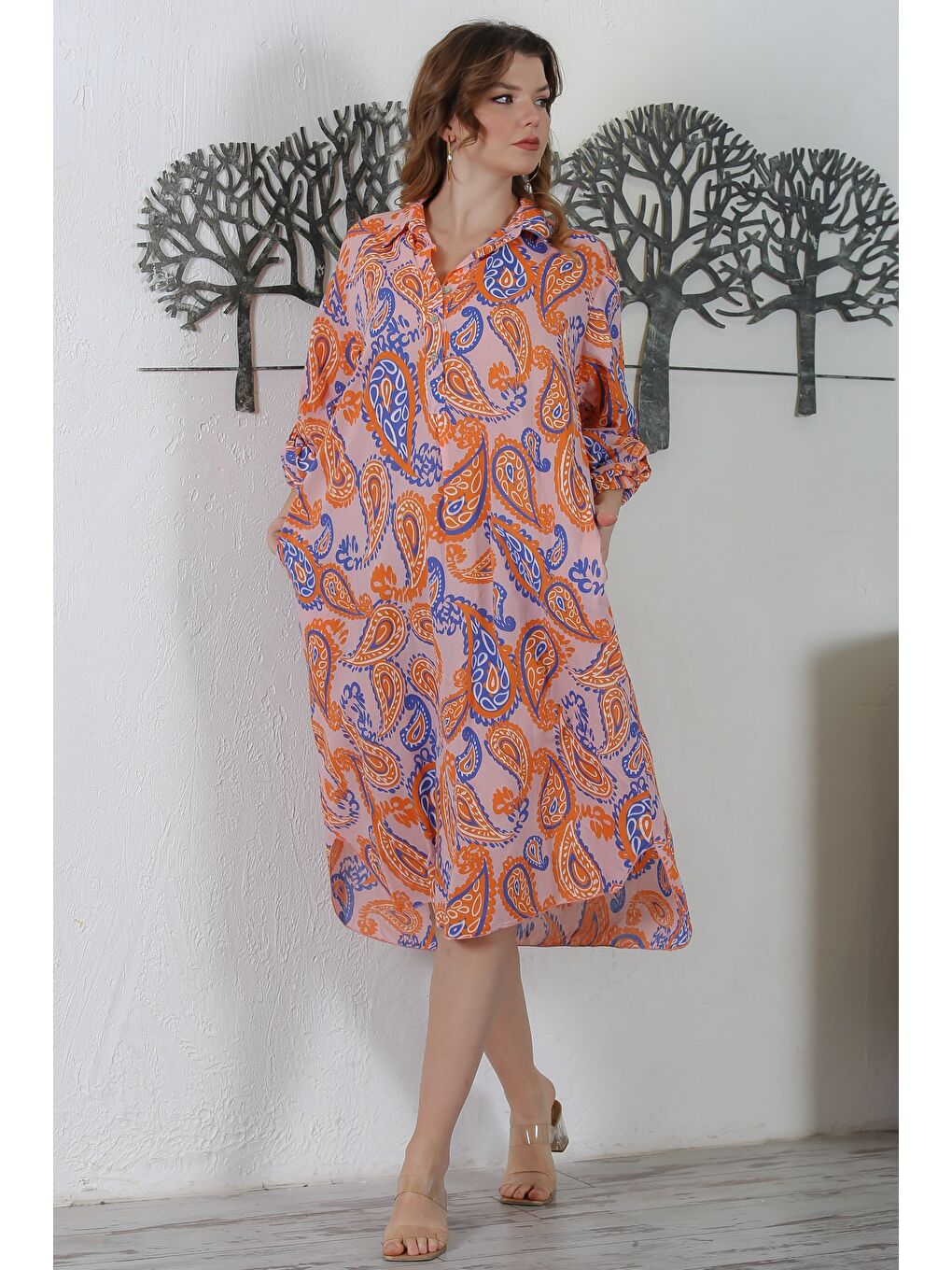 İtalyan Turuncu Gömlek Yaka Düğmeli Uzun Kollu Şal Desenli Gizli Cepli Dokuma Elbise 130 65-3