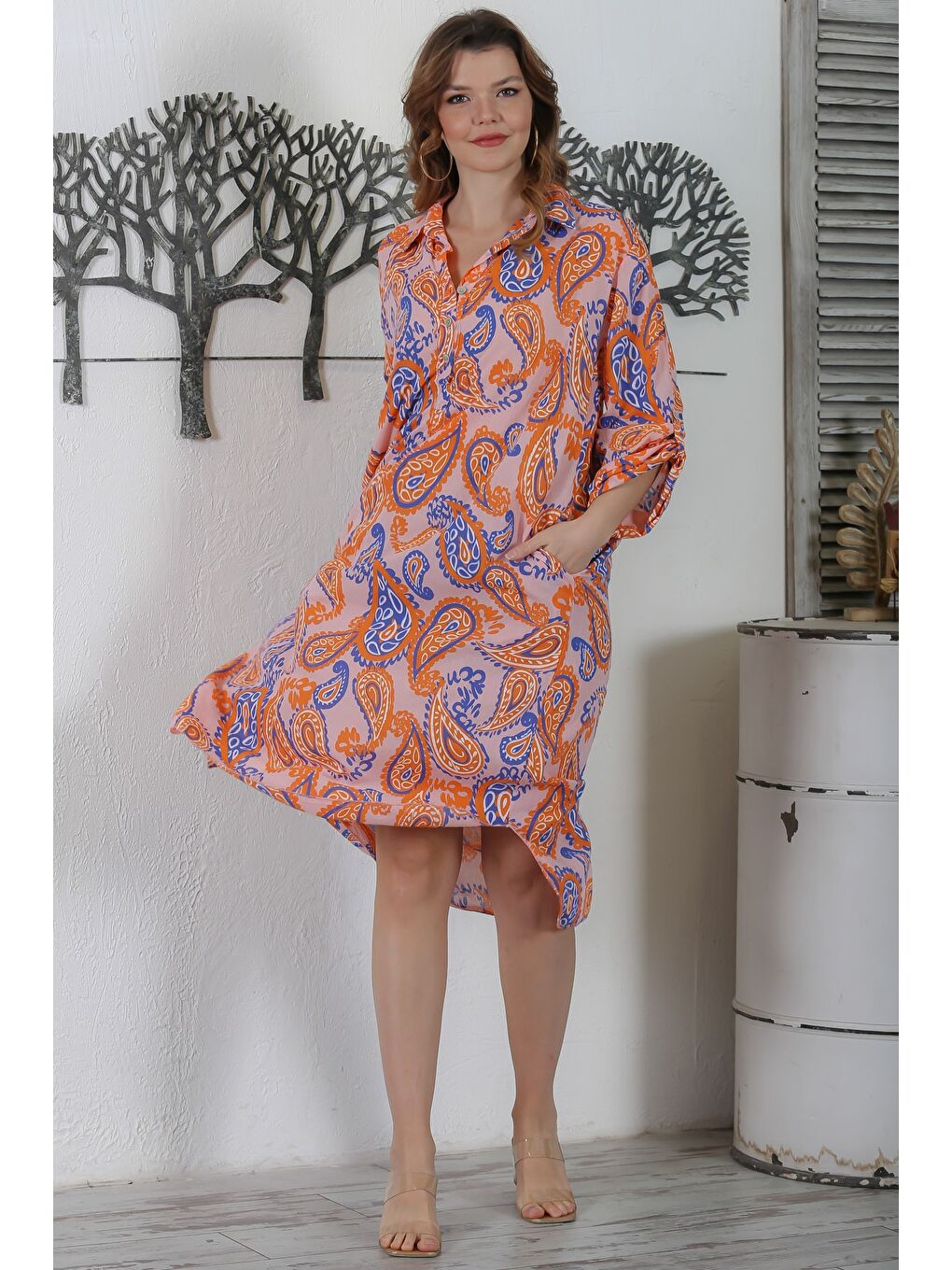 İtalyan Turuncu Gömlek Yaka Düğmeli Uzun Kollu Şal Desenli Gizli Cepli Dokuma Elbise 130 65-4