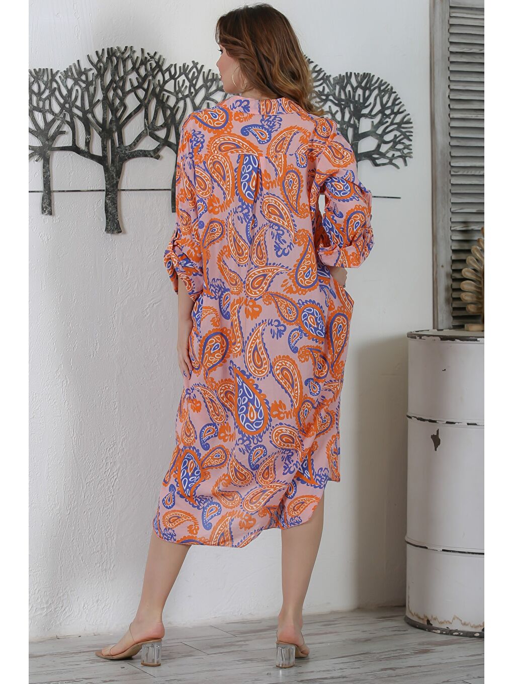 İtalyan Turuncu Gömlek Yaka Düğmeli Uzun Kollu Şal Desenli Gizli Cepli Dokuma Elbise 130 65-5