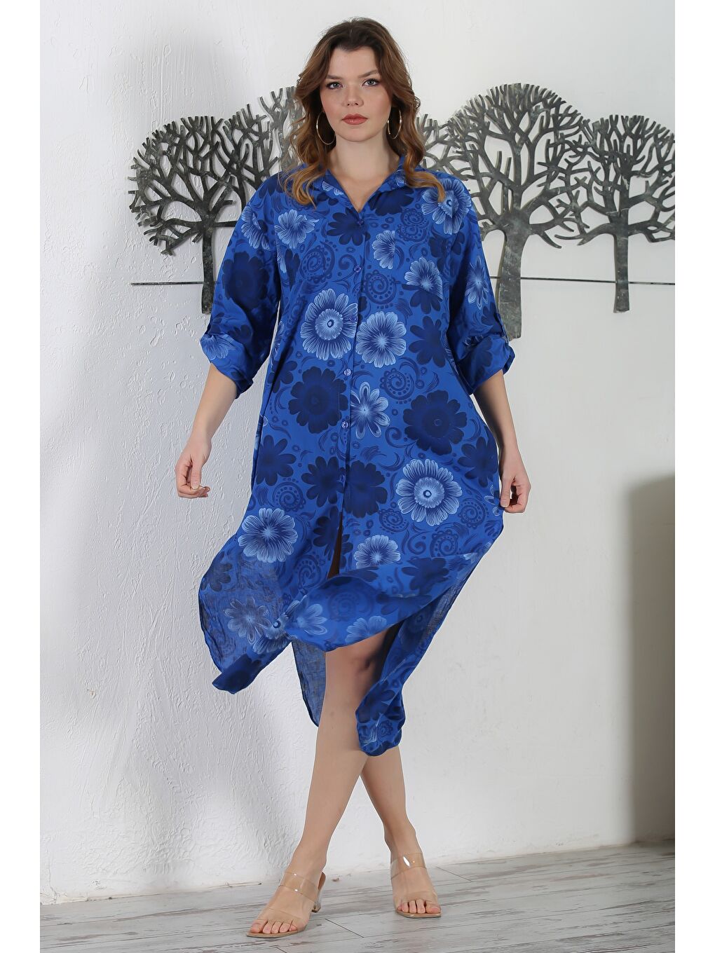 İtalyan Gece Mavisi Gömlek Yaka Düğmeli Uzun Kollu Çift Cepli Allover Baskılı Dokuma Elbise 130 65