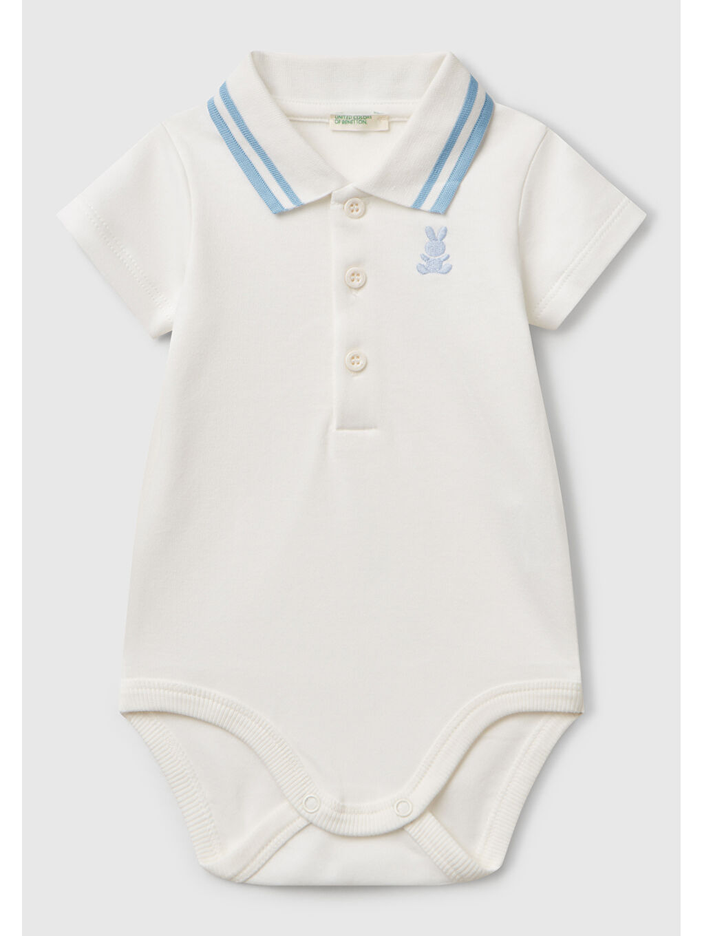 Bebek Beyaz Tavşan İşlemeli Kısa Kollu Çizgili Polo Yaka Çıtçıtlı Body