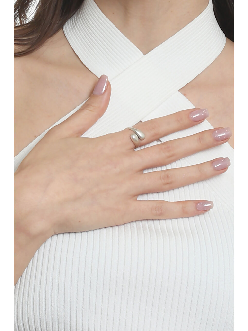 Gri Kadın Minimalist Tarz Dolama Model Ayarlanabilir Su Damlası Yüzük-4