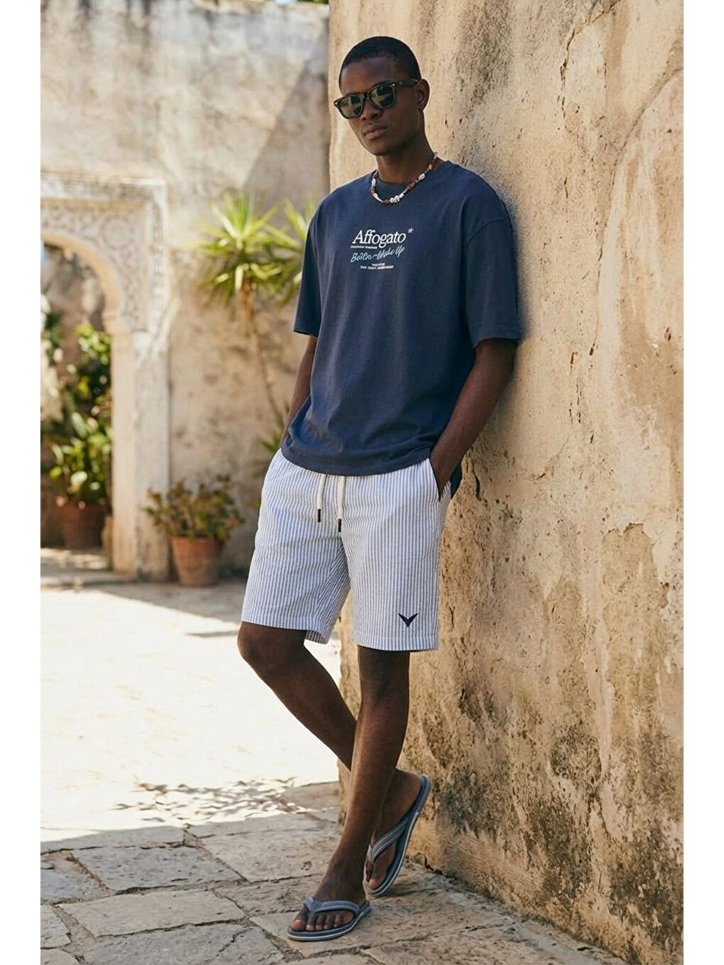 Erkek Relax Fit Beli Lastikli Çizgili Mavi Jogger Şort-3