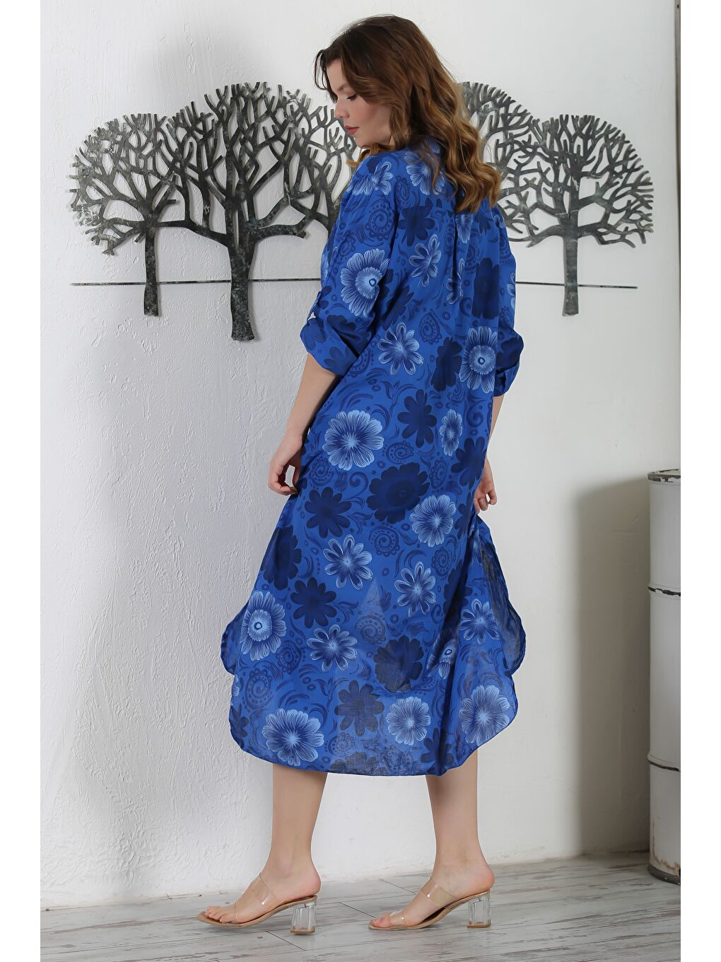 İtalyan Gece Mavisi Gömlek Yaka Düğmeli Uzun Kollu Çift Cepli Allover Baskılı Dokuma Elbise 130 65-5