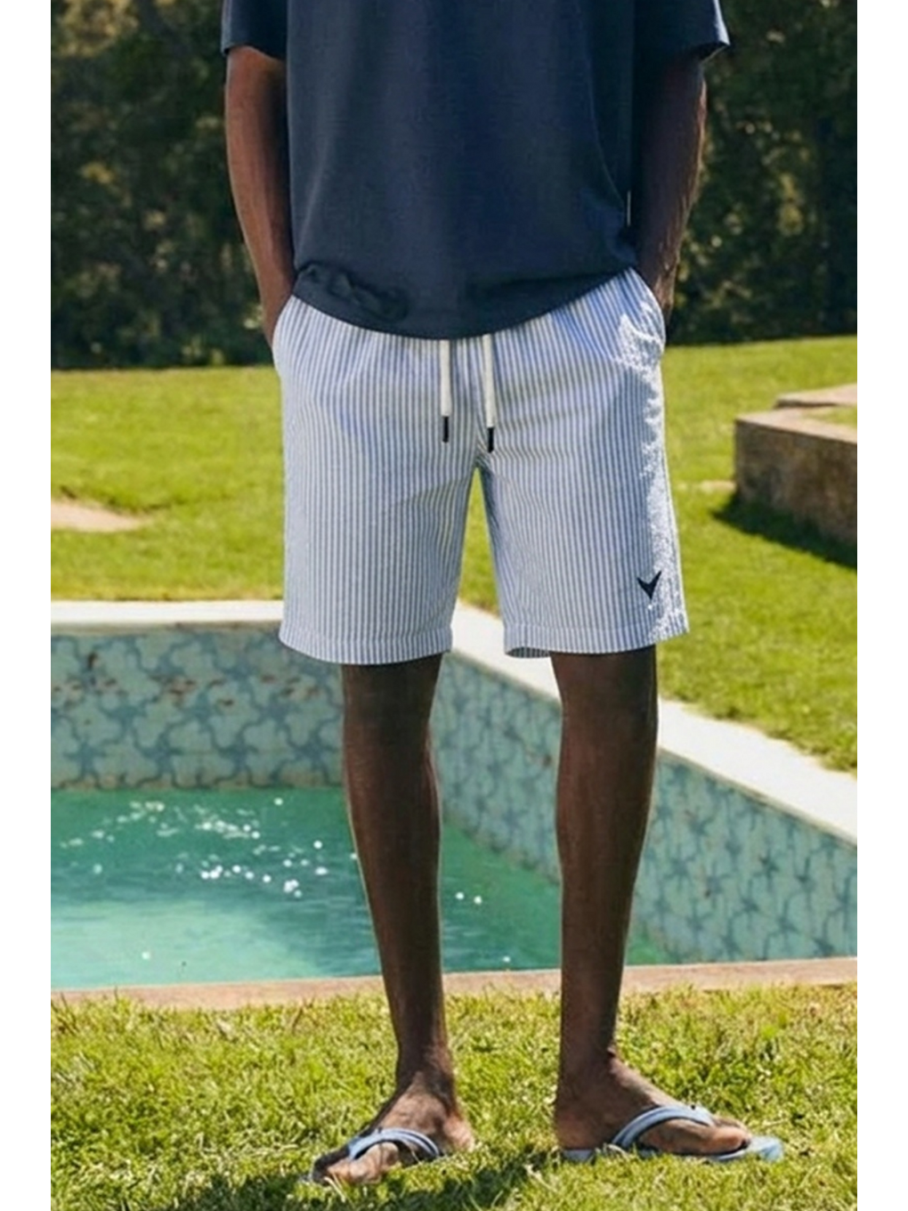 Erkek Relax Fit Beli Lastikli Çizgili Mavi Jogger Şort-4