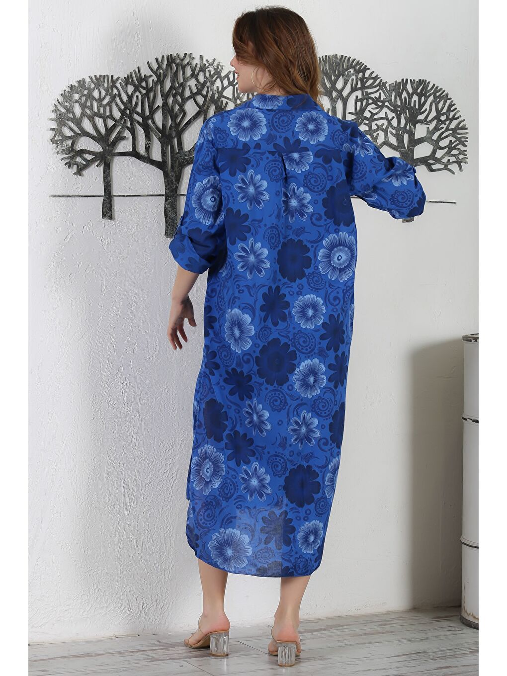 İtalyan Gece Mavisi Gömlek Yaka Düğmeli Uzun Kollu Çift Cepli Allover Baskılı Dokuma Elbise 130 65-6