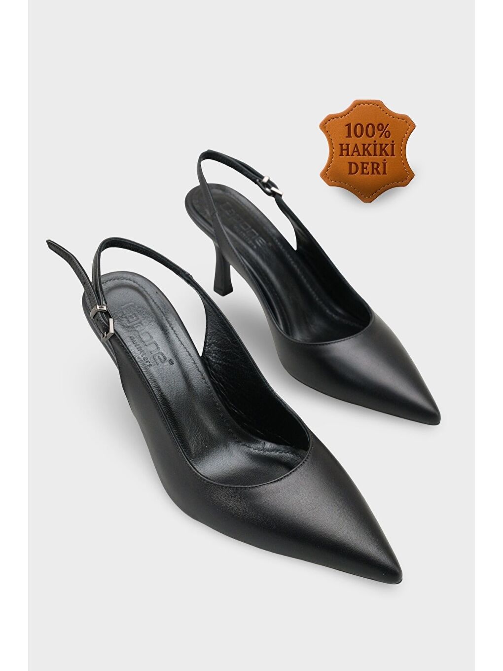 Siyah Steffi Hakiki Deri Sivri Burunlu Orta Topuklu Yandan Tokalı Arkası Açık Kadın Ayakkabı-1