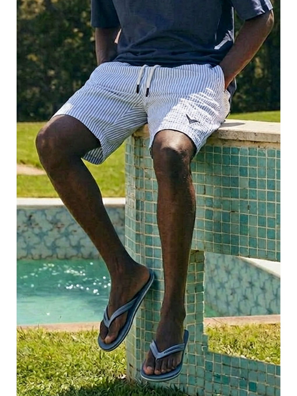 Erkek Relax Fit Beli Lastikli Çizgili Mavi Jogger Şort-5