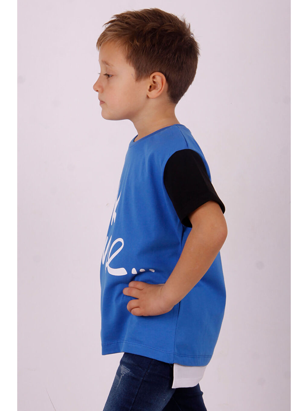 Mavi Erkek Çocuk Tek Kol Garnili Tişört-1