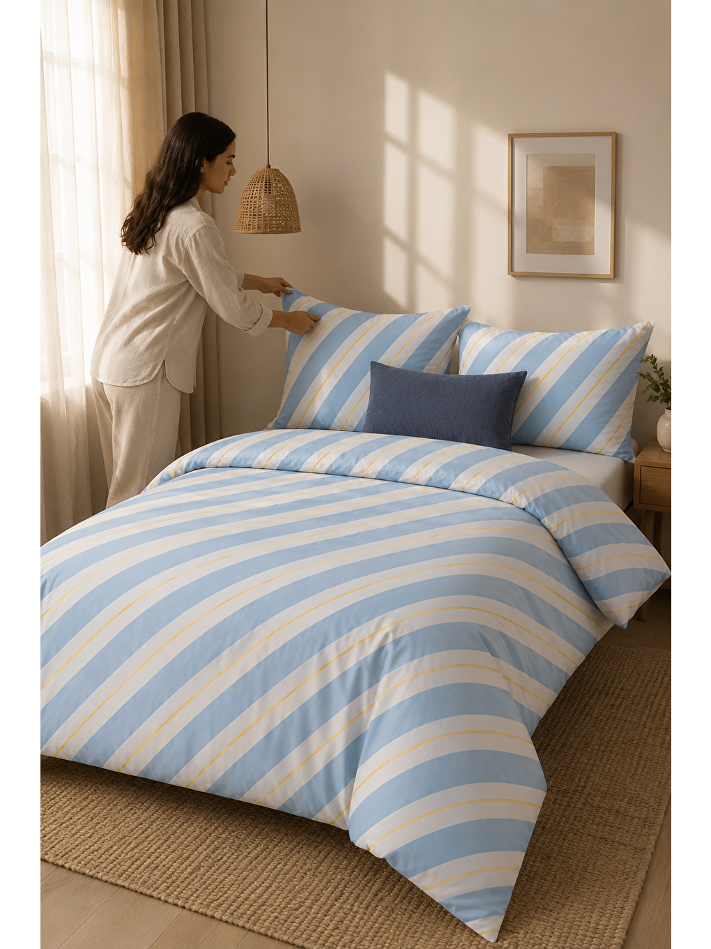 Ekru Çapraz Çizgili Modern Nevresim Seti Bebe Mavi Ve Sarı 200x220 Çift Kişilik Yorgan Kılıfı-5