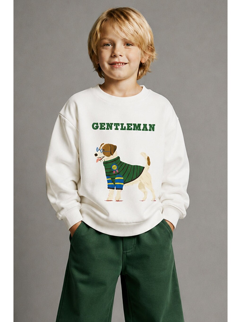Ekru Erkek Çocuk 3 İplik Kumaş Hayvan Baskılı Pamuklu Sweatshirt