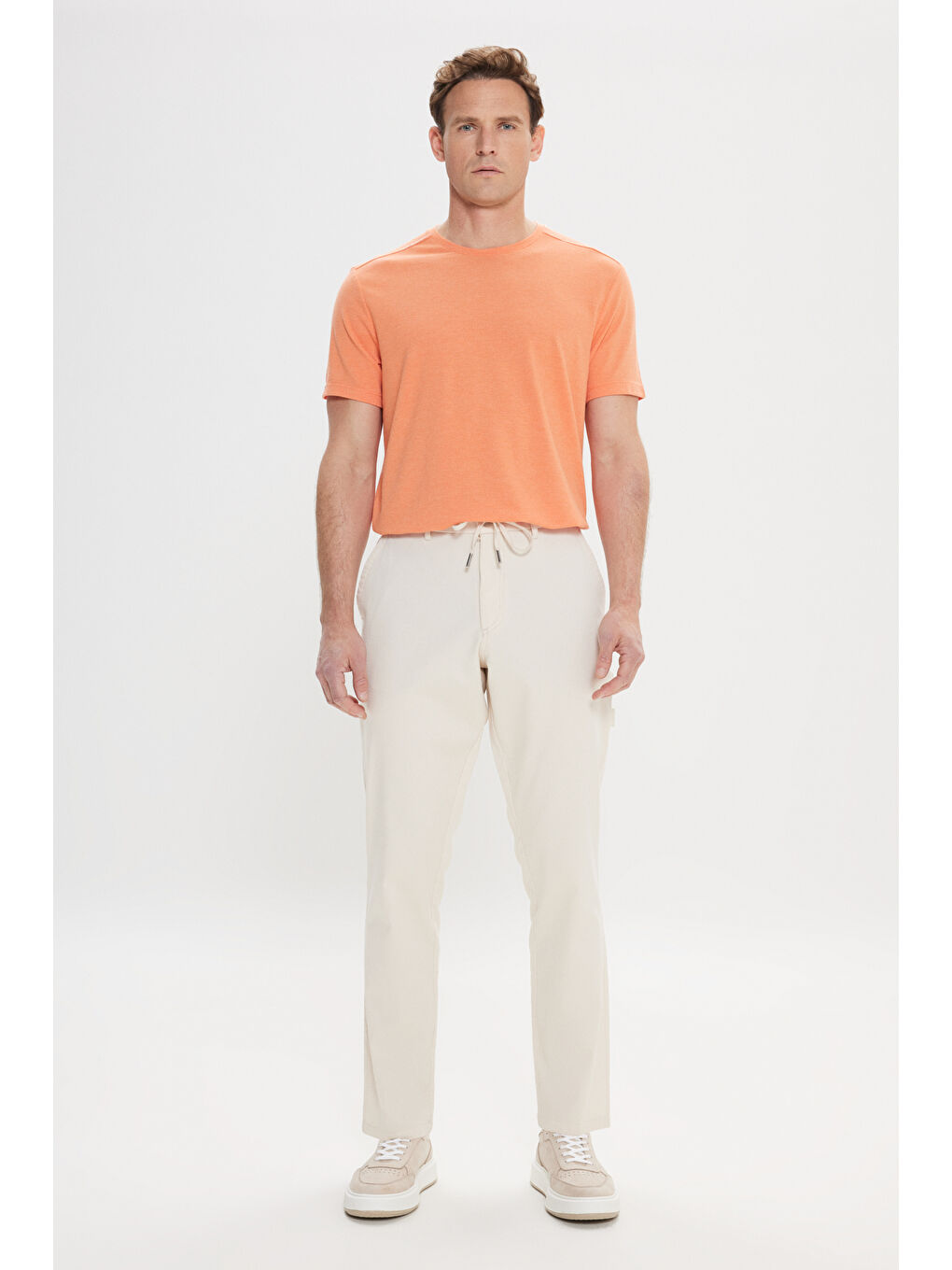 Erkek Bej Oversize Bol Kesim Beli Bağlamalı Pamuklu Esnek Armürlü Yan Cepli Pantolon