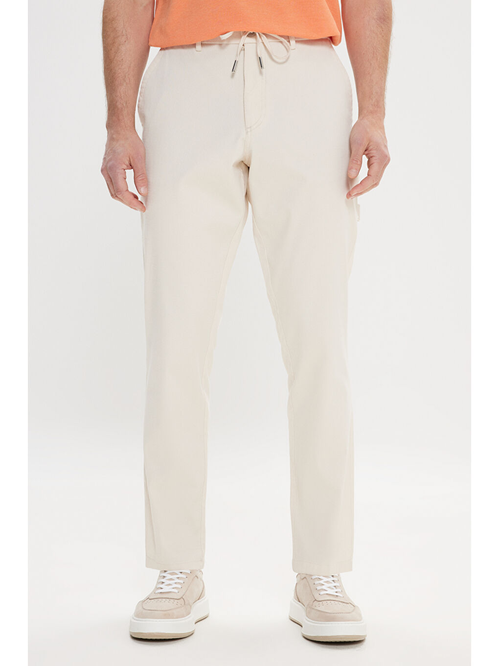 Erkek Bej Oversize Bol Kesim Beli Bağlamalı Pamuklu Esnek Armürlü Yan Cepli Pantolon-1